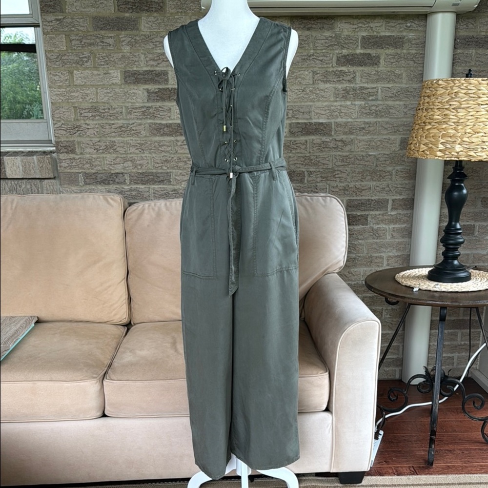 White House Black Market Green Jumpsuit with Tie Waist